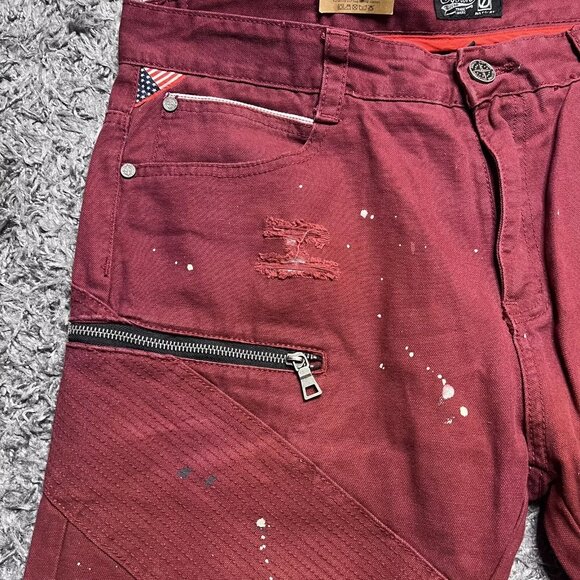 Square Zero Jeans Mens 36x33 Red Denim Distressed Biker Slim Paint Zipper Logo - Picture 4 of 16